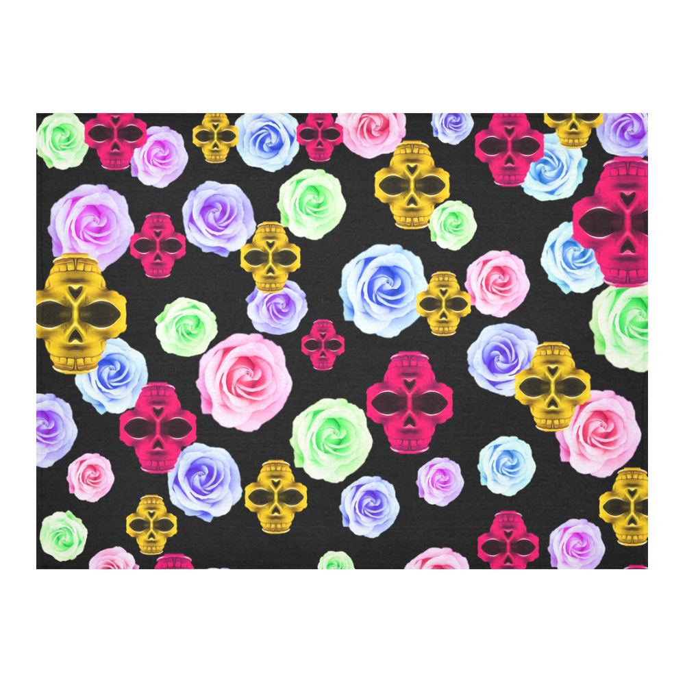 skull portrait in pink and yellow with colorful rose and black background Cotton Linen Tablecloth 52"x 70"