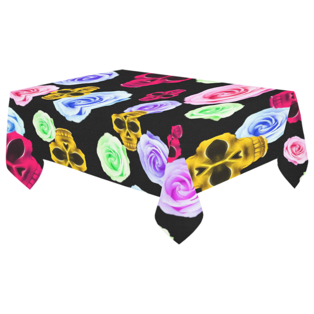 skull portrait in pink and yellow with colorful rose and black background Cotton Linen Tablecloth 60"x 104"