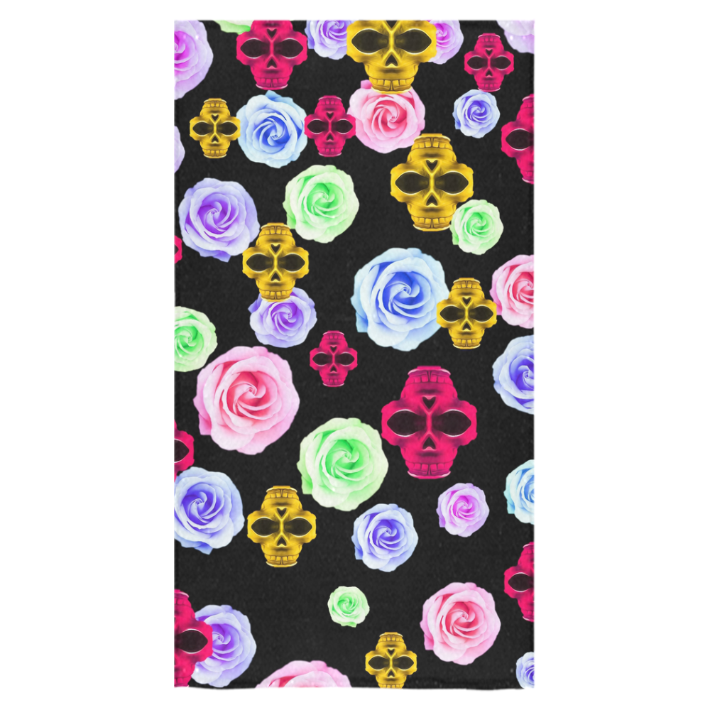 skull portrait in pink and yellow with colorful rose and black background Bath Towel 30"x56"