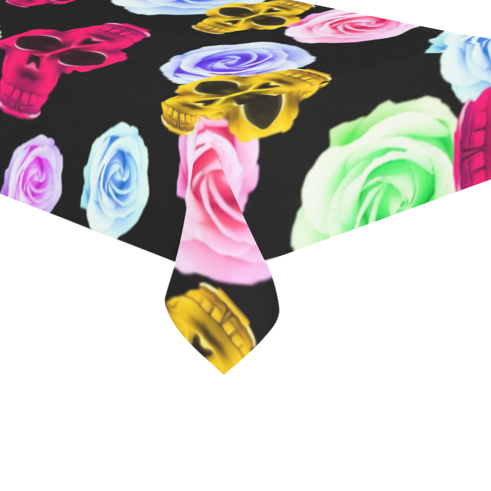 skull portrait in pink and yellow with colorful rose and black background Cotton Linen Tablecloth 60"x120"