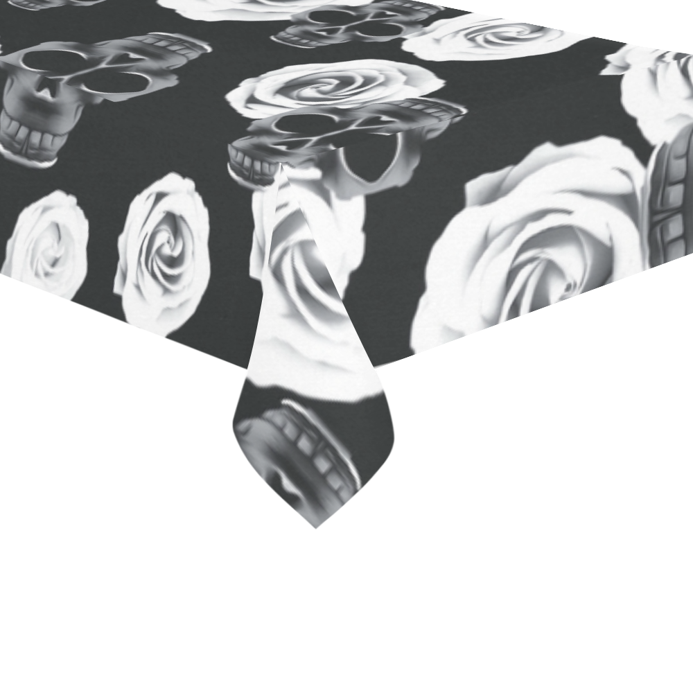 vintage skull and rose abstract pattern in black and white Cotton Linen Tablecloth 60"x120"