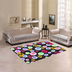 skull portrait in pink and yellow with colorful rose and black background Area Rug 5'3''x4'