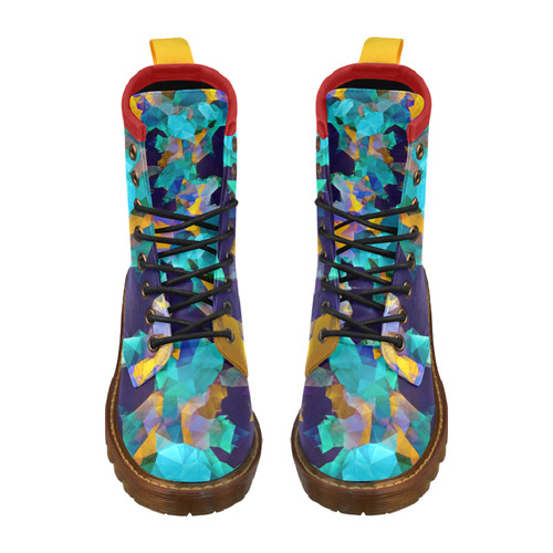 psychedelic geometric polygon abstract pattern in green blue brown yellow High Grade PU Leather Martin Boots For Women Model 402H