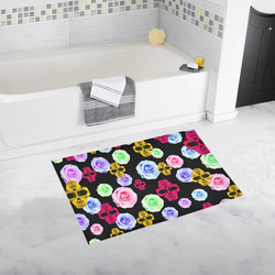 skull portrait in pink and yellow with colorful rose and black background Bath Rug 20''x 32''