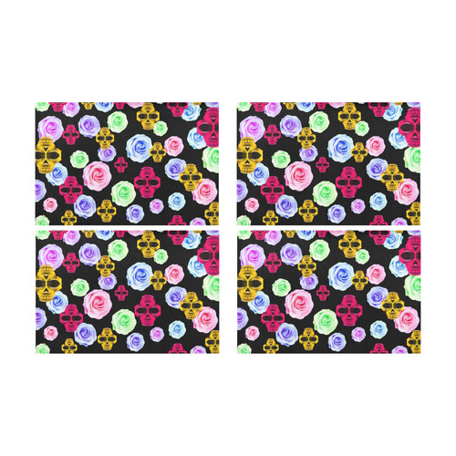 skull portrait in pink and yellow with colorful rose and black background Placemat 12’’ x 18’’ (Set of 4)