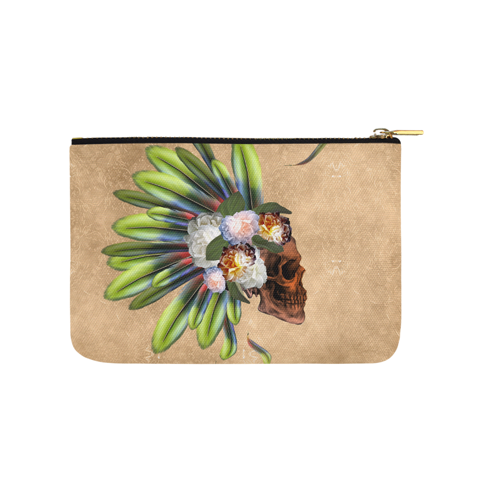 Amazing skull with feathers and flowers Carry-All Pouch 9.5''x6''