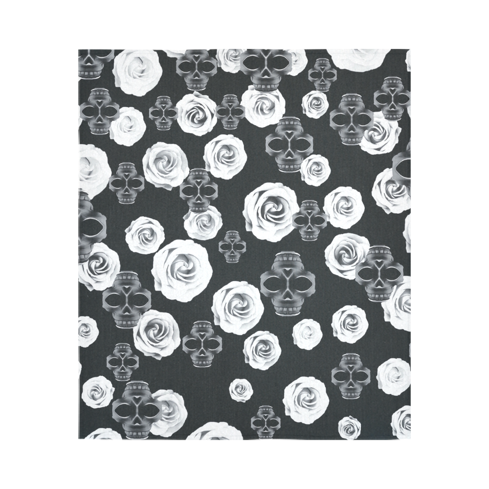 vintage skull and rose abstract pattern in black and white Cotton Linen Wall Tapestry 51"x 60"