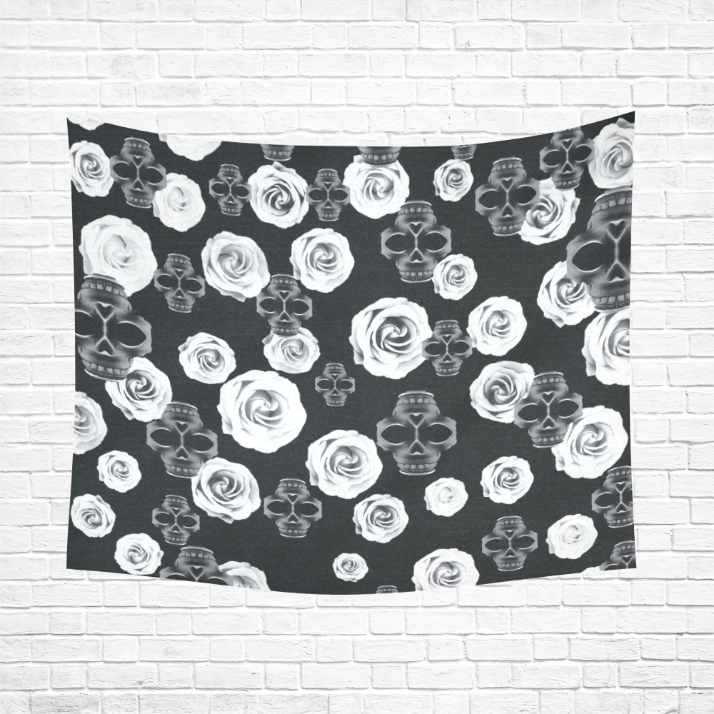 vintage skull and rose abstract pattern in black and white Cotton Linen Wall Tapestry 60"x 51"