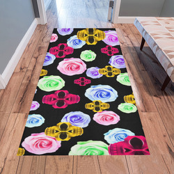 skull portrait in pink and yellow with colorful rose and black background Area Rug 7'x3'3''