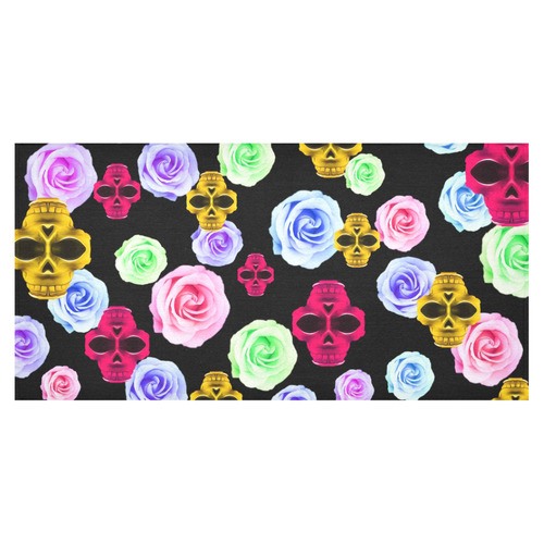 skull portrait in pink and yellow with colorful rose and black background Cotton Linen Tablecloth 60"x120"