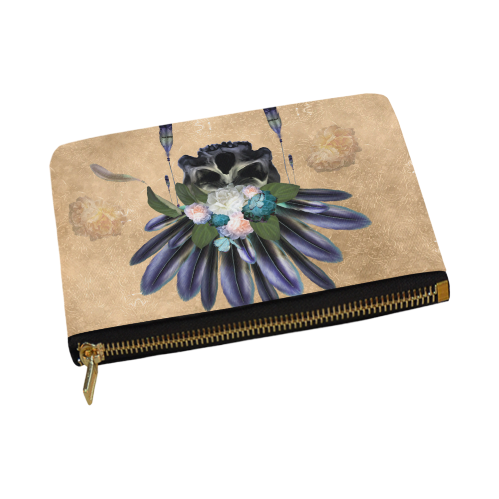 Cool skull with feathers and flowers Carry-All Pouch 12.5''x8.5''