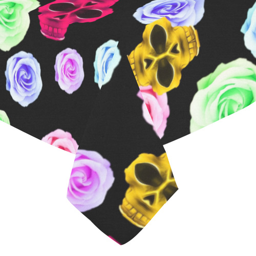 skull portrait in pink and yellow with colorful rose and black background Cotton Linen Tablecloth 52"x 70"