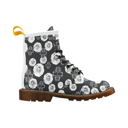 vintage skull and rose abstract pattern in black and white High Grade PU Leather Martin Boots For Men Model 402H