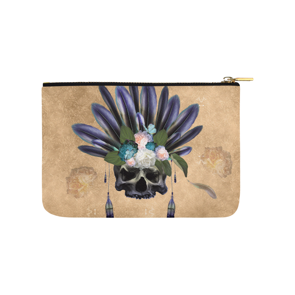Cool skull with feathers and flowers Carry-All Pouch 9.5''x6''