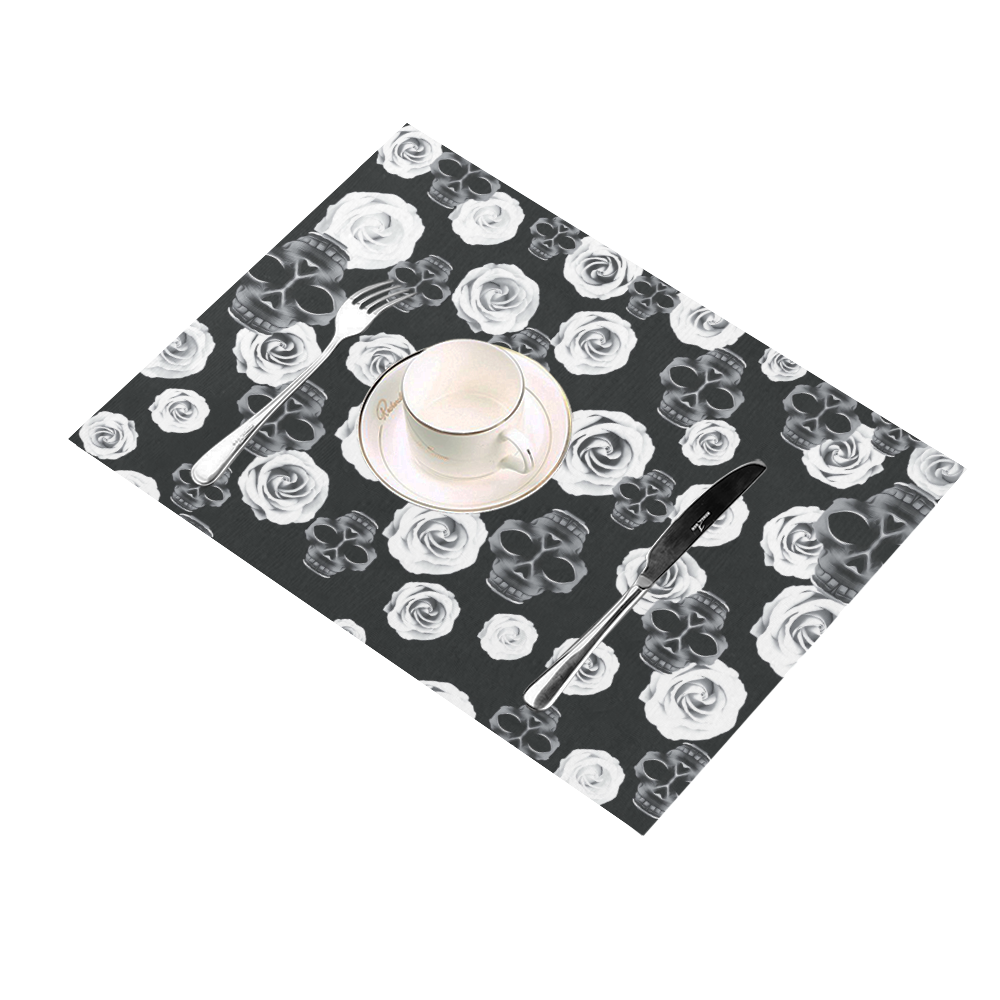 vintage skull and rose abstract pattern in black and white Placemat 14’’ x 19’’