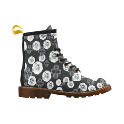 vintage skull and rose abstract pattern in black and white High Grade PU Leather Martin Boots For Men Model 402H