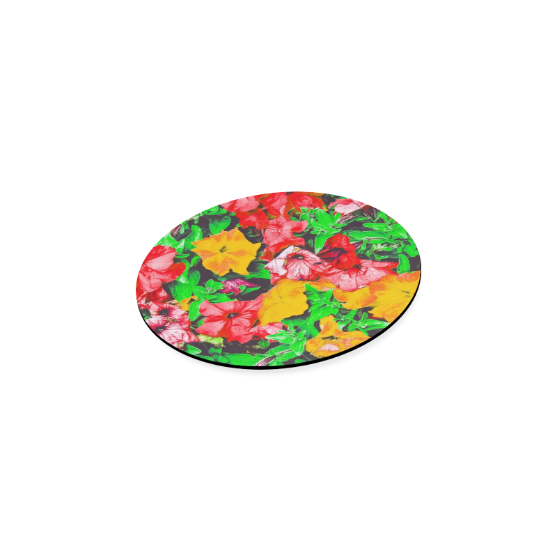 closeup flower abstract background in pink red yellow with green leaves Round Coaster