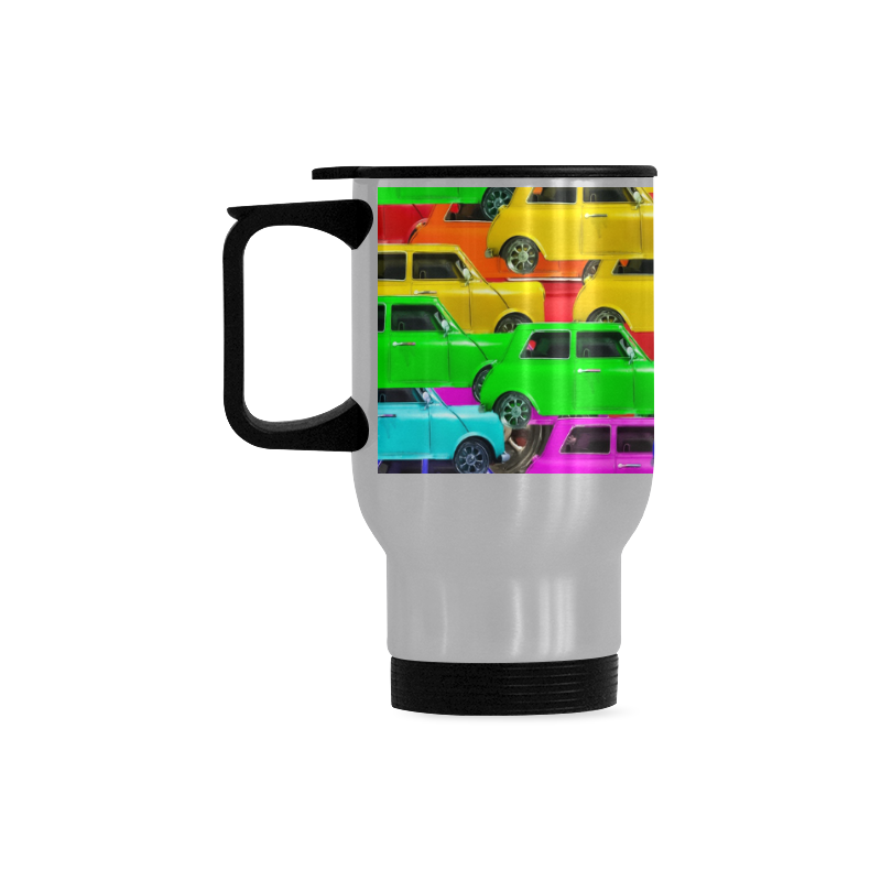 vintage car toy background in yellow blue pink green orange Travel Mug (Silver) (14 Oz)