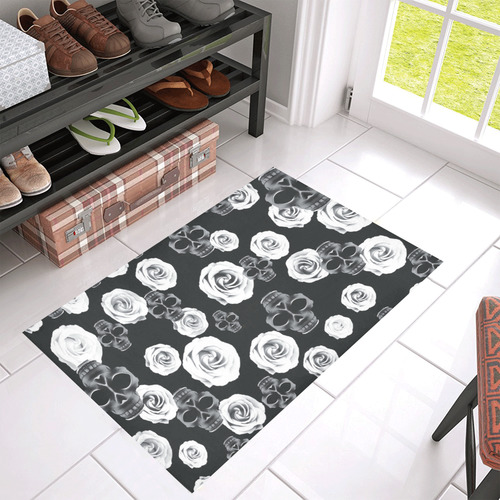 vintage skull and rose abstract pattern in black and white Azalea Doormat 30" x 18" (Sponge Material)