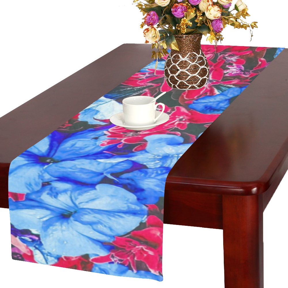closeup flower texture abstract in blue purple red Table Runner 16x72 inch