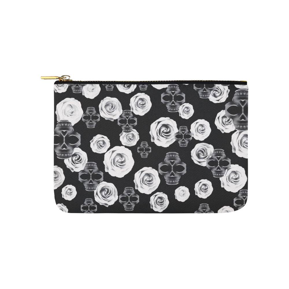 vintage skull and rose abstract pattern in black and white Carry-All Pouch 9.5''x6''