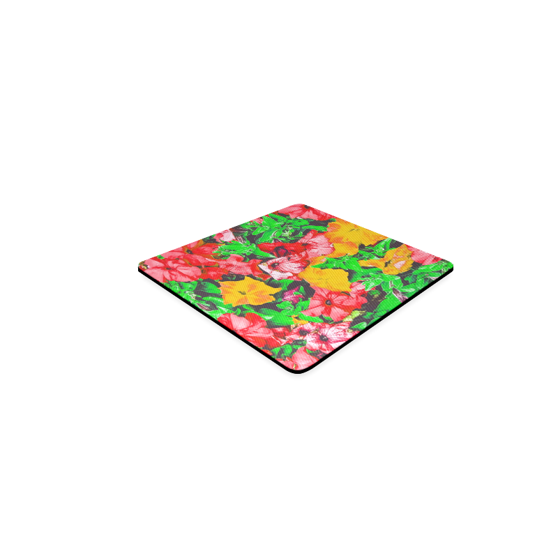 closeup flower abstract background in pink red yellow with green leaves Square Coaster