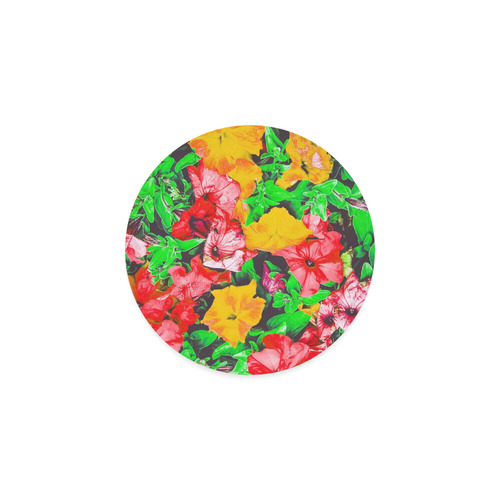 closeup flower abstract background in pink red yellow with green leaves Round Coaster