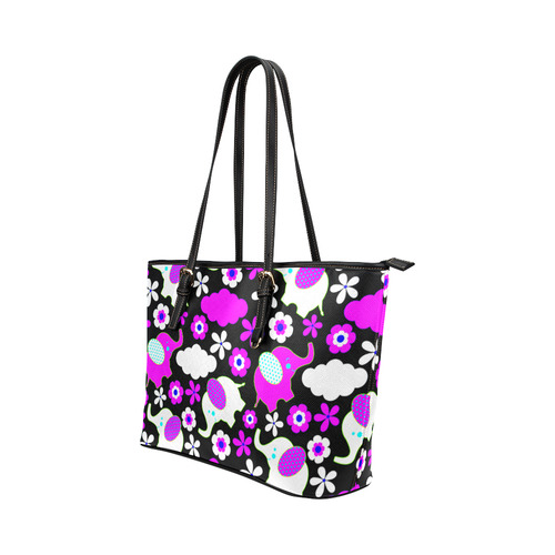 Cute Pink Elephants Floral Pattern Leather Tote Bag/Large (Model 1651)