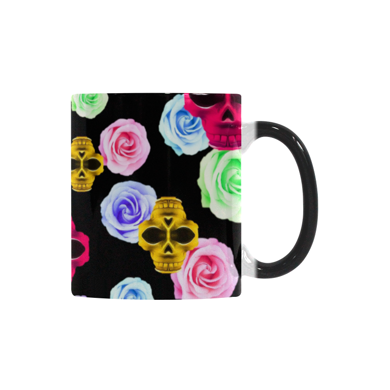 skull portrait in pink and yellow with colorful rose and black background Custom Morphing Mug