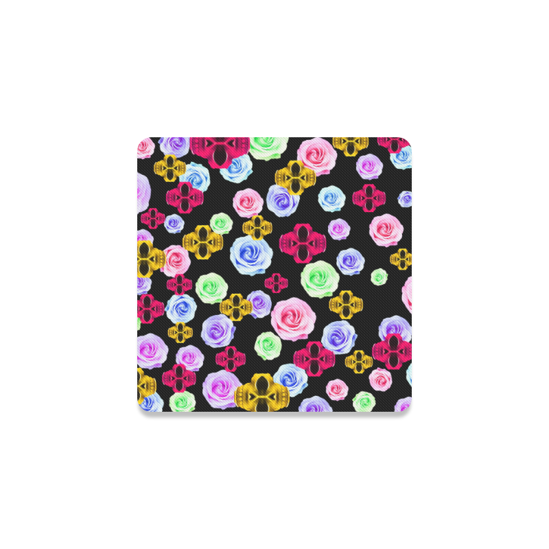 skull portrait in pink and yellow with colorful rose and black background Square Coaster