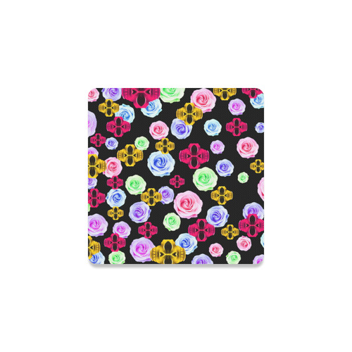 skull portrait in pink and yellow with colorful rose and black background Square Coaster