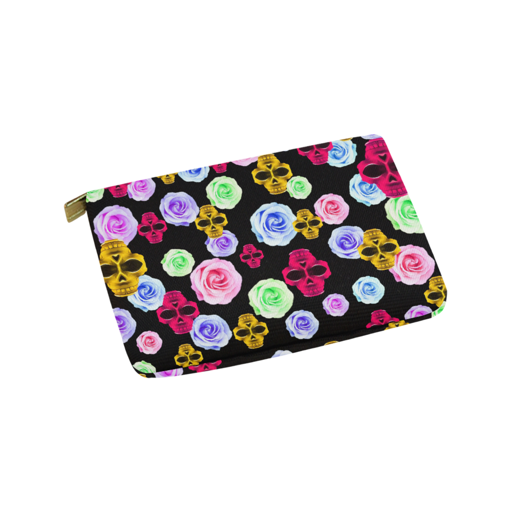 skull portrait in pink and yellow with colorful rose and black background Carry-All Pouch 9.5''x6''