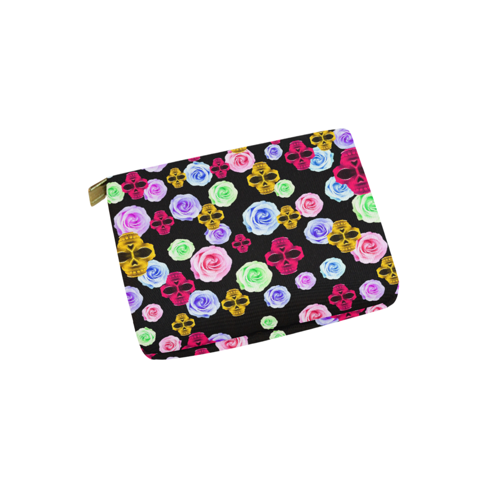 skull portrait in pink and yellow with colorful rose and black background Carry-All Pouch 6''x5''