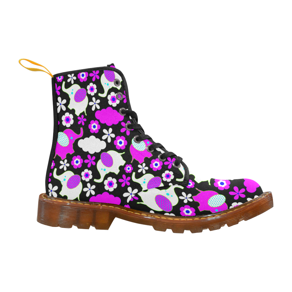 Cute Pink Elephants Floral Pattern Martin Boots For Women Model 1203H