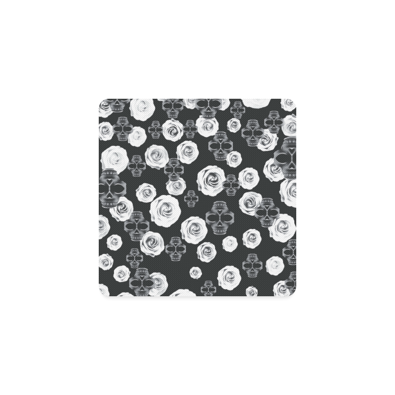vintage skull and rose abstract pattern in black and white Square Coaster