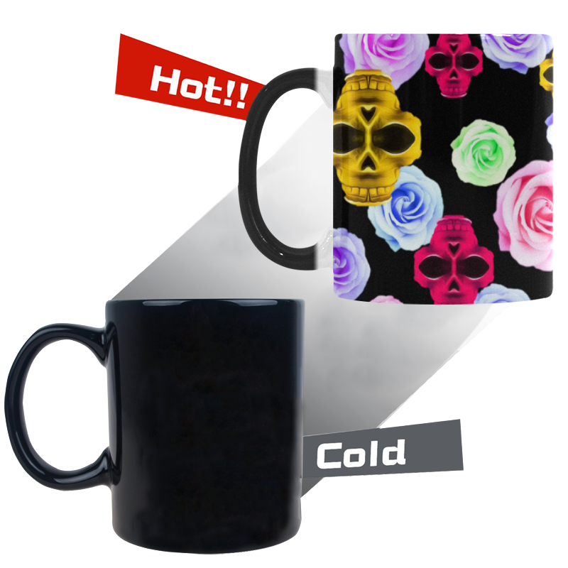 skull portrait in pink and yellow with colorful rose and black background Custom Morphing Mug