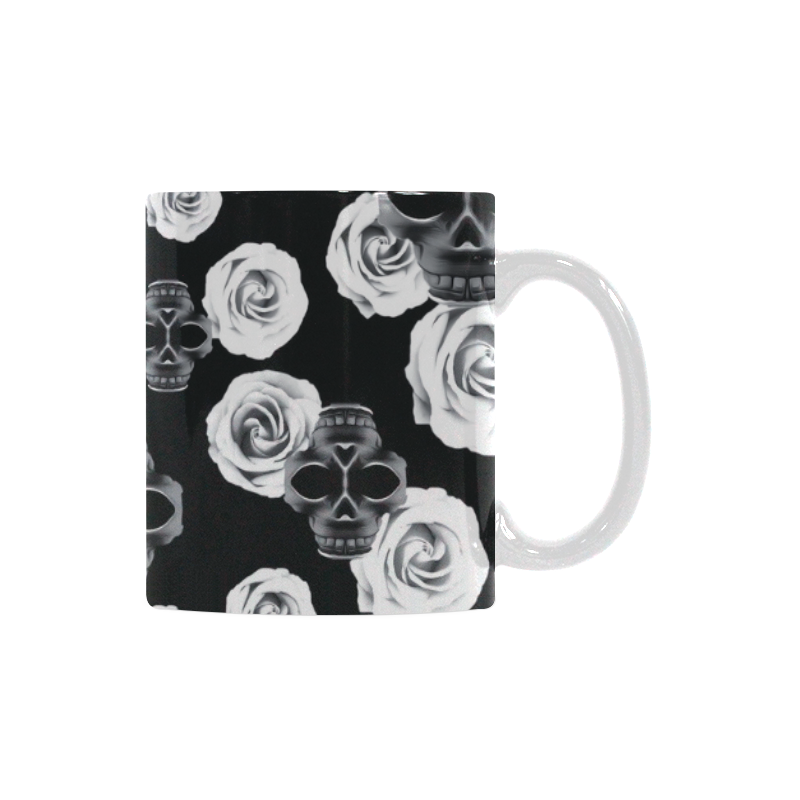 vintage skull and rose abstract pattern in black and white White Mug(11OZ)