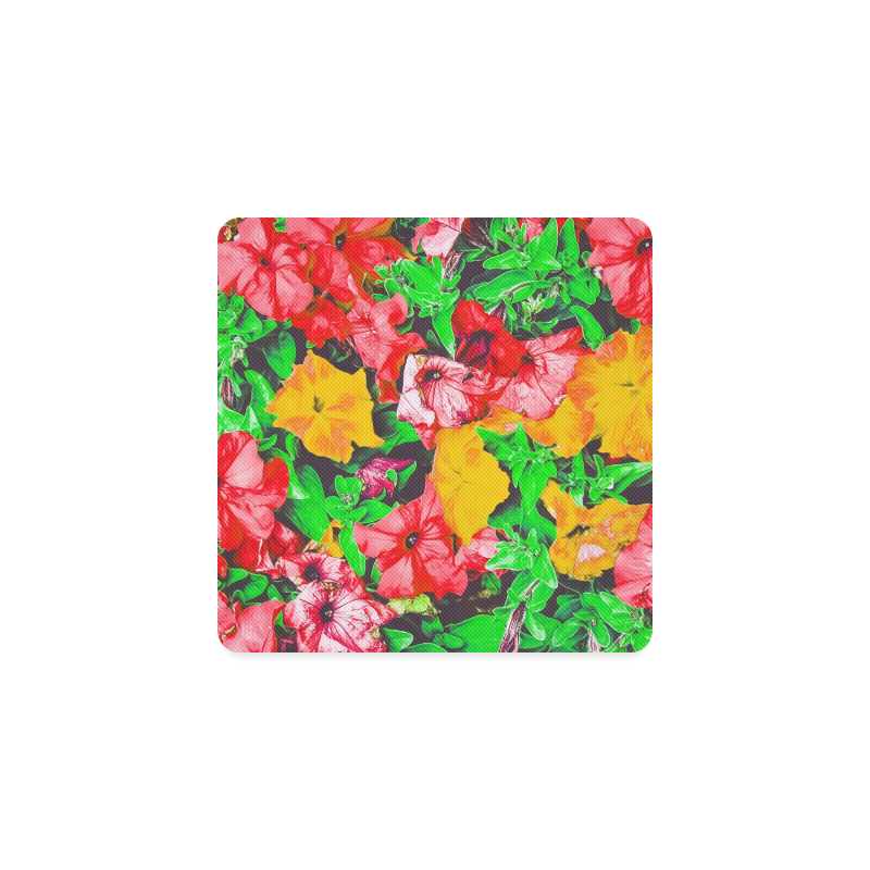 closeup flower abstract background in pink red yellow with green leaves Square Coaster