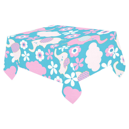 Cute Baby Pink Elephant Floral Cotton Linen Tablecloth 52"x 70"
