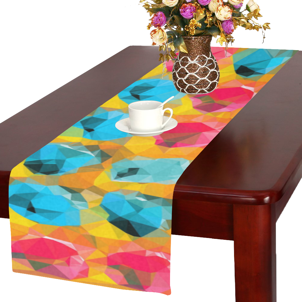 geometric polygon abstract pattern in blue orange red Table Runner 16x72 inch
