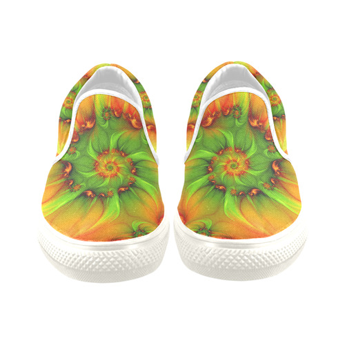 Hot Summer Green Orange Abstract Colorful Fractal Women's Slip-on Canvas Shoes/Large Size (Model 019)