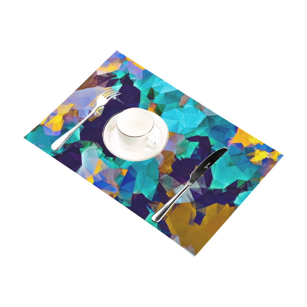 psychedelic geometric polygon abstract pattern in green blue brown yellow Placemat 12''x18''