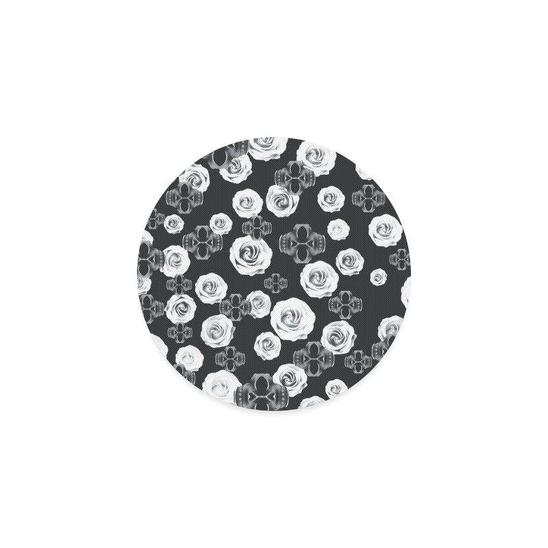 vintage skull and rose abstract pattern in black and white Round Coaster