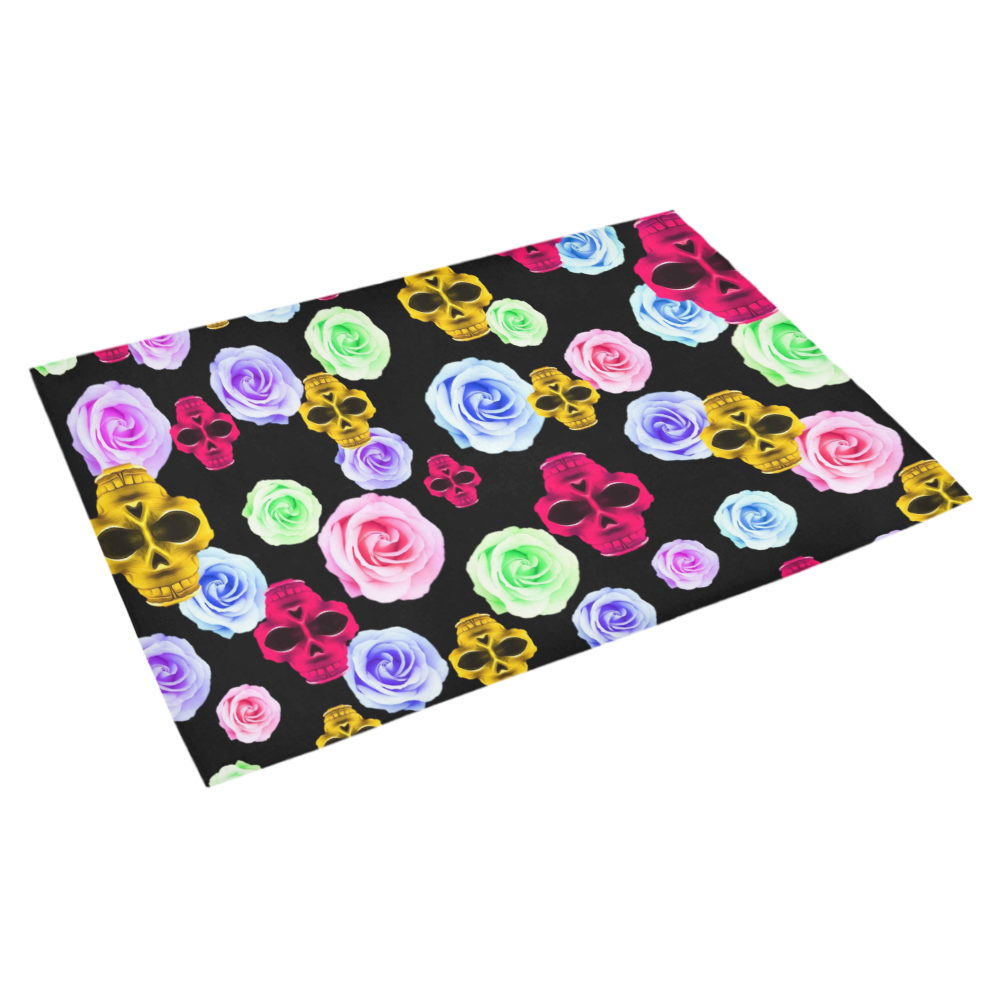 skull portrait in pink and yellow with colorful rose and black background Azalea Doormat 30" x 18" (Sponge Material)
