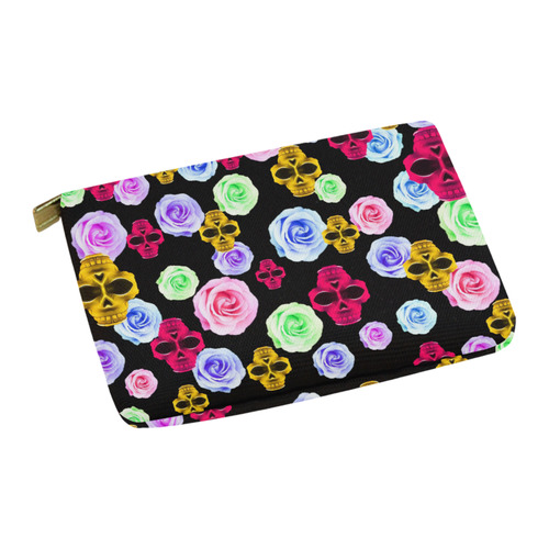 skull portrait in pink and yellow with colorful rose and black background Carry-All Pouch 12.5''x8.5''