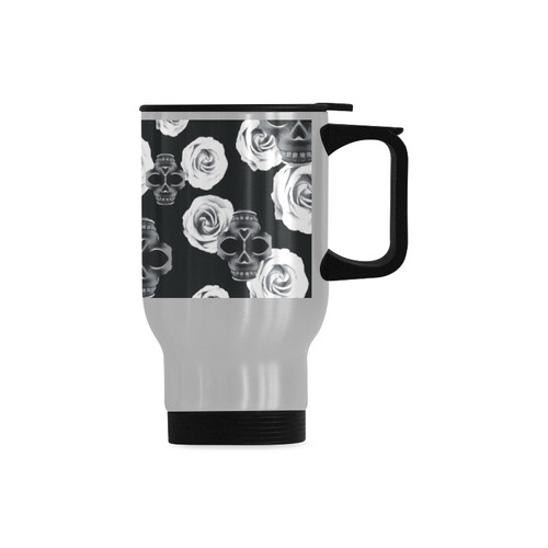 vintage skull and rose abstract pattern in black and white Travel Mug (Silver) (14 Oz)