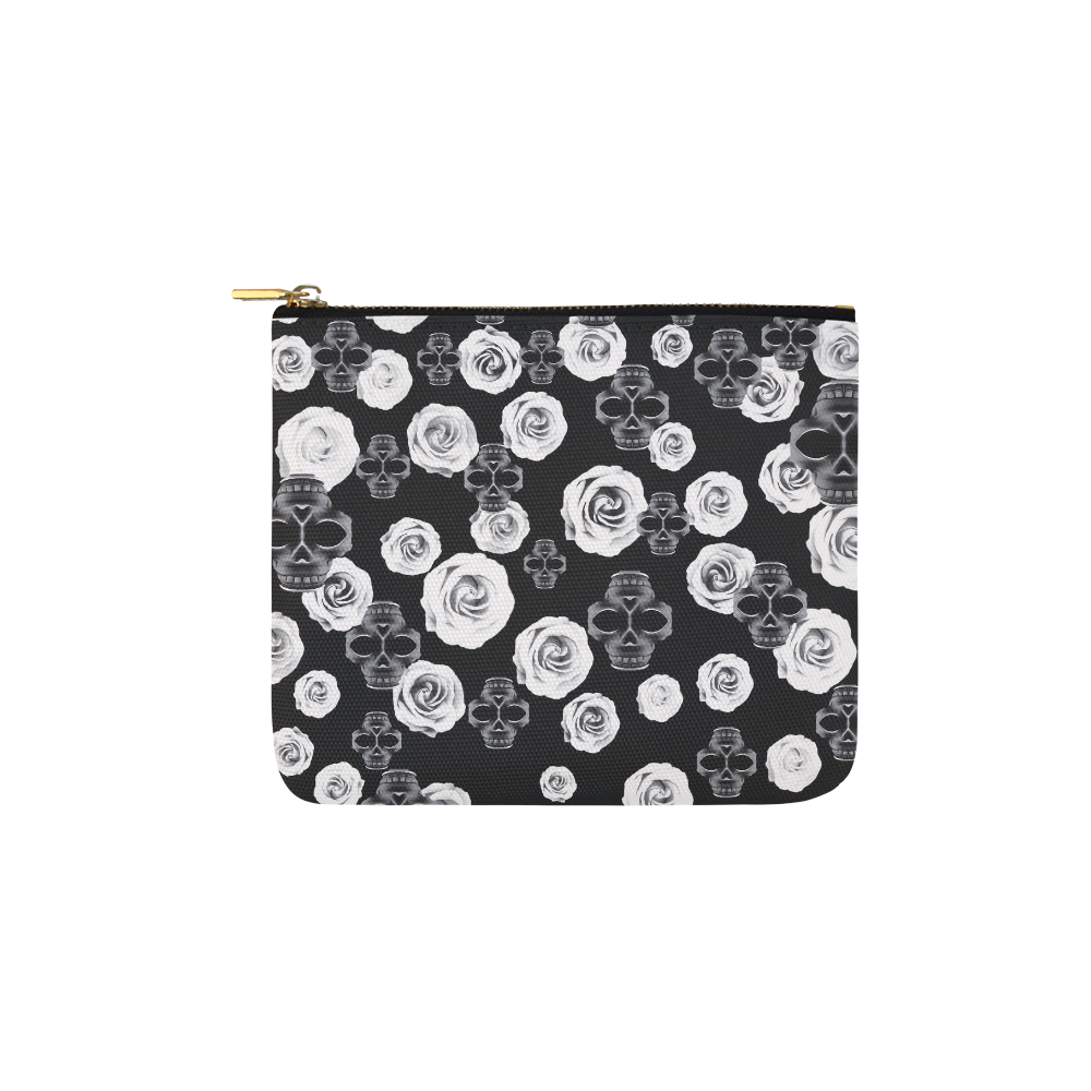 vintage skull and rose abstract pattern in black and white Carry-All Pouch 6''x5''