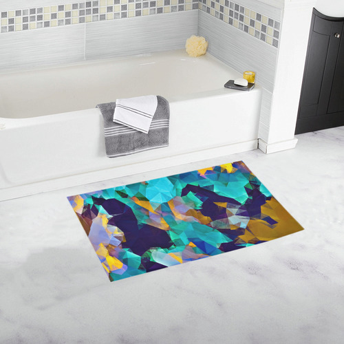 psychedelic geometric polygon abstract pattern in green blue brown yellow Bath Rug 16''x 28''