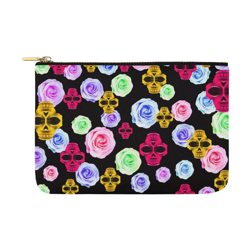 skull portrait in pink and yellow with colorful rose and black background Carry-All Pouch 12.5''x8.5''