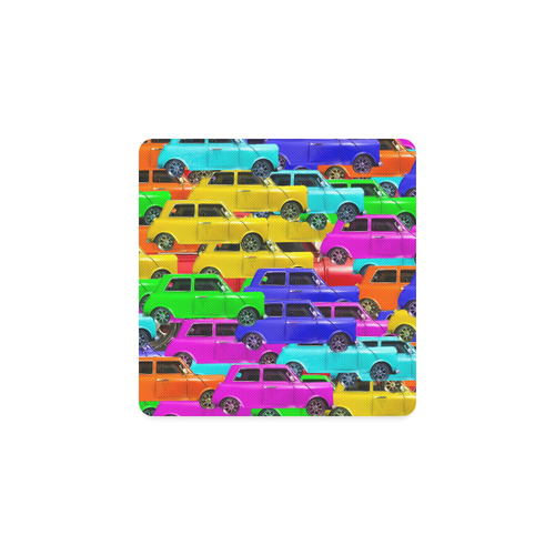 vintage car toy background in yellow blue pink green orange Square Coaster